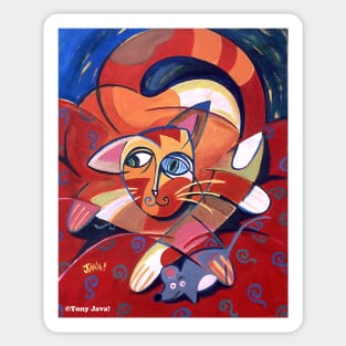 'Cubist Cat with a Toy Mouse' Sticker